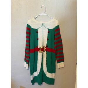 Reference Point Christmas Elf Sweater Dress Green Red Striped Sequin Jingle Bell